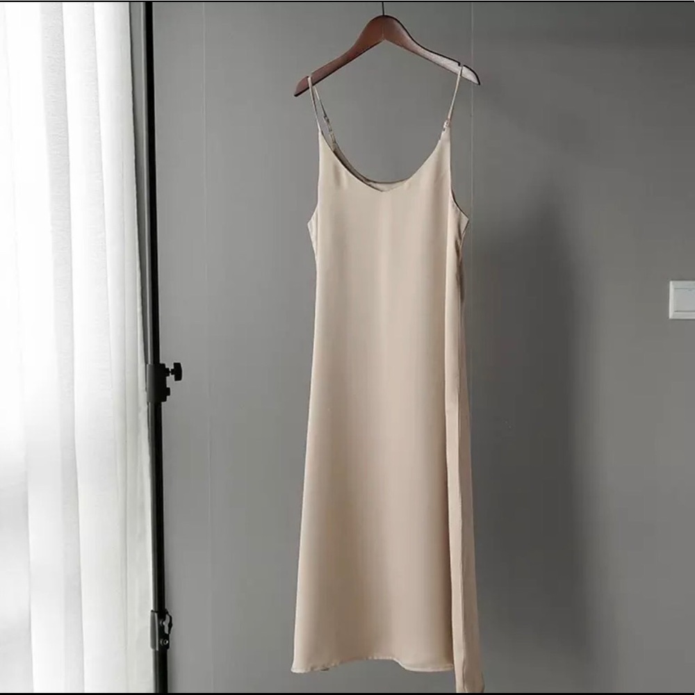 Satin Dress champagne beige tank dress womens midi long
